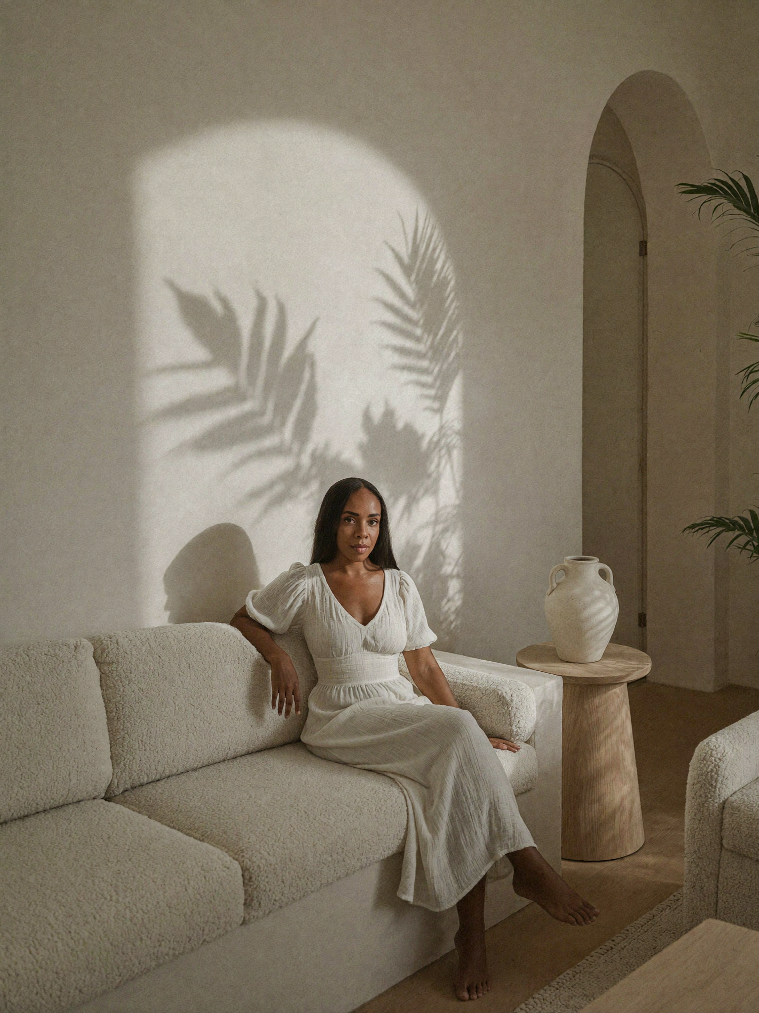 Marielle assise dans un decor lumineux avec ombre de palmier